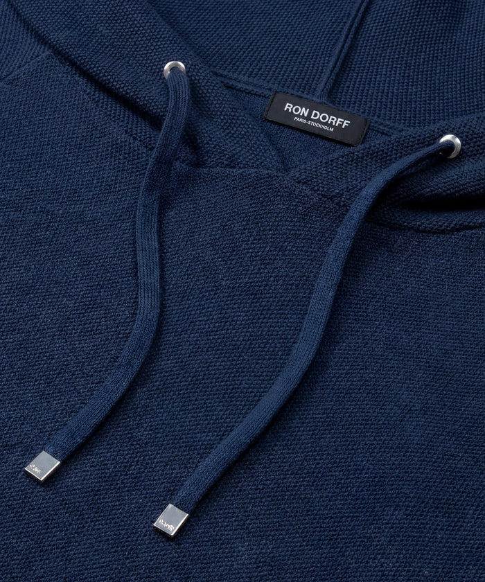 Cotton-Cashmere Piqué Hoodie Sweater: Navy