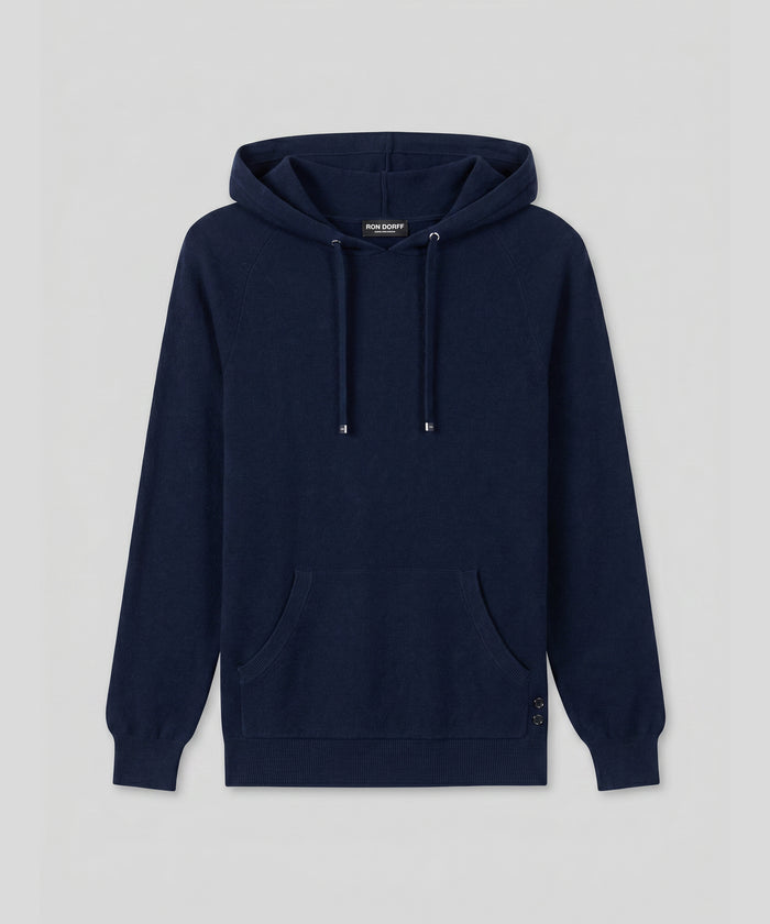 Cotton-Cashmere Piqué Hoodie Sweater: Navy