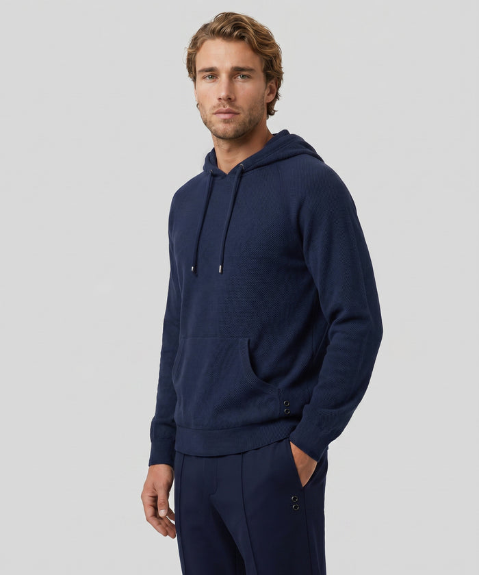Cotton-Cashmere Piqué Hoodie Sweater: Navy