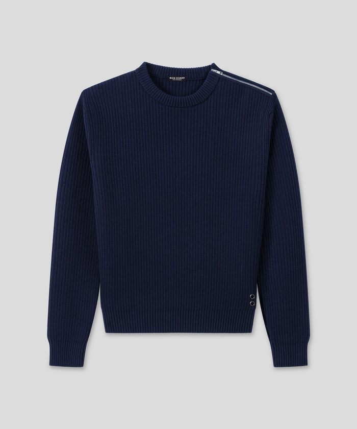 Zipped Ribbed Wool Sweater: Navy