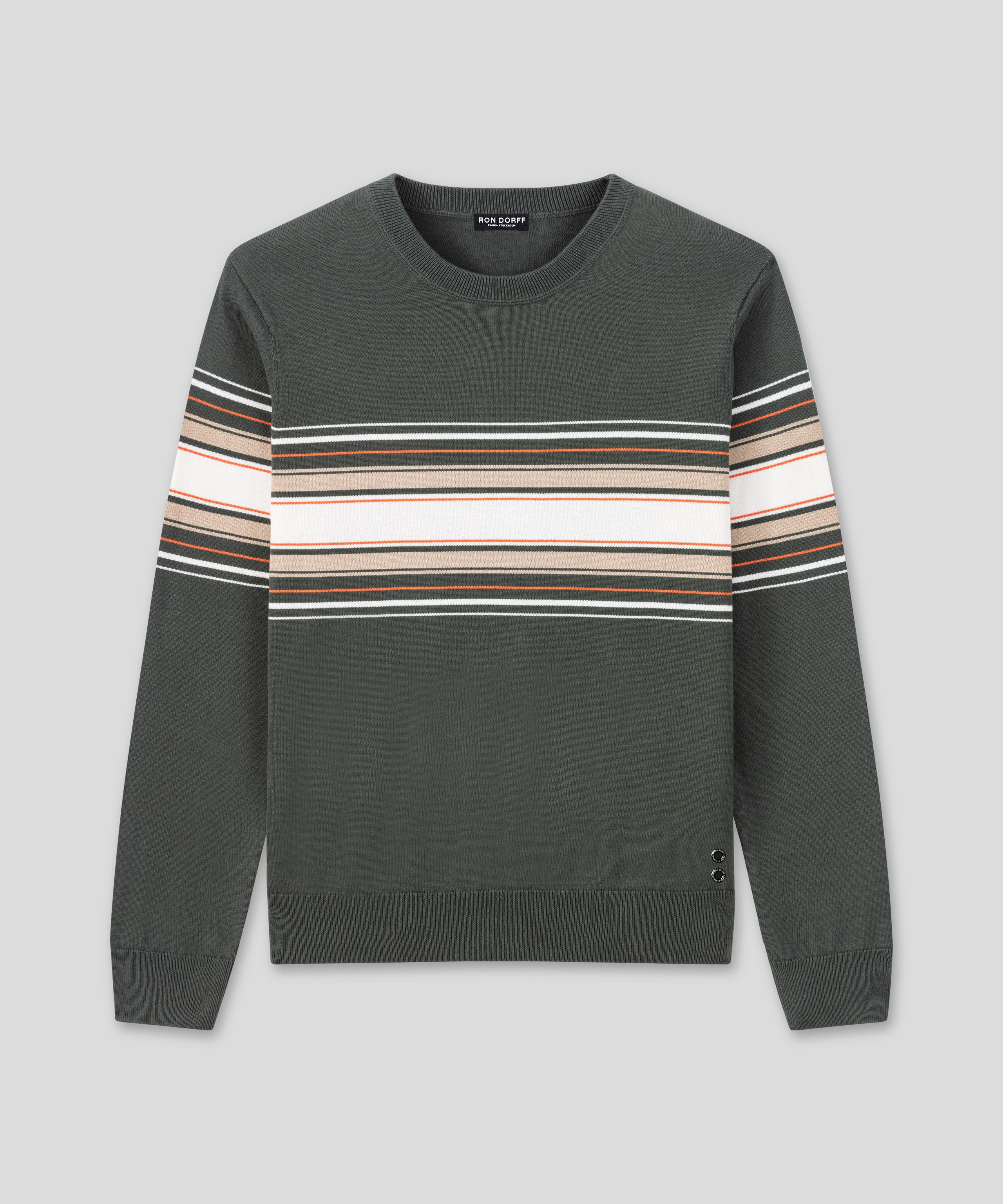 Cotton Sweater w. Placed Stripes: Urban Khaki