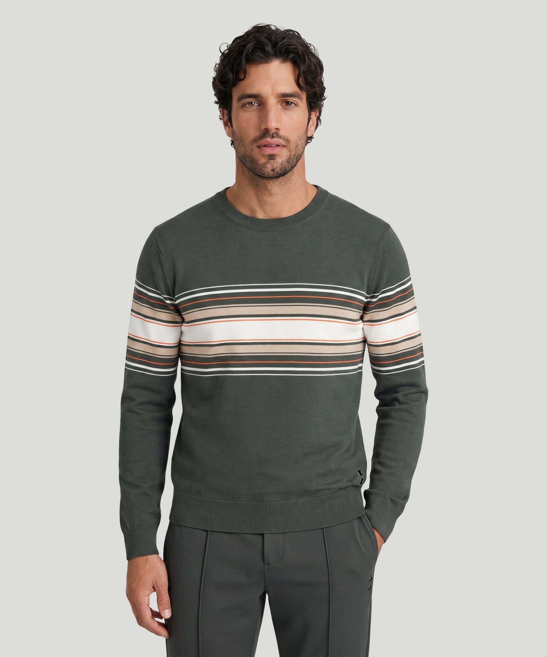 Cotton Sweater w. Placed Stripes: Urban Khaki