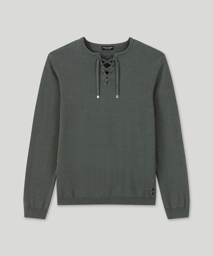 Knitted Cotton Sweater w. Drawstrings: Urban Khaki