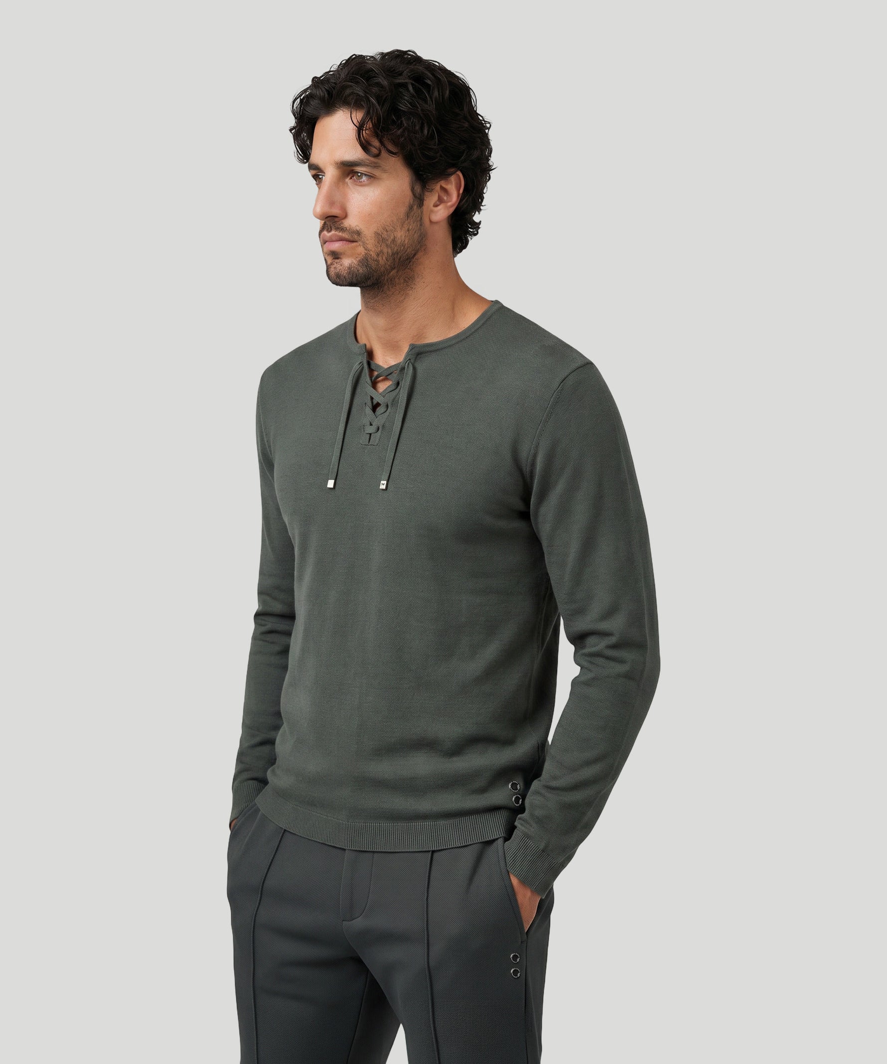 Knitted Cotton Sweater w. Drawstrings: Urban Khaki