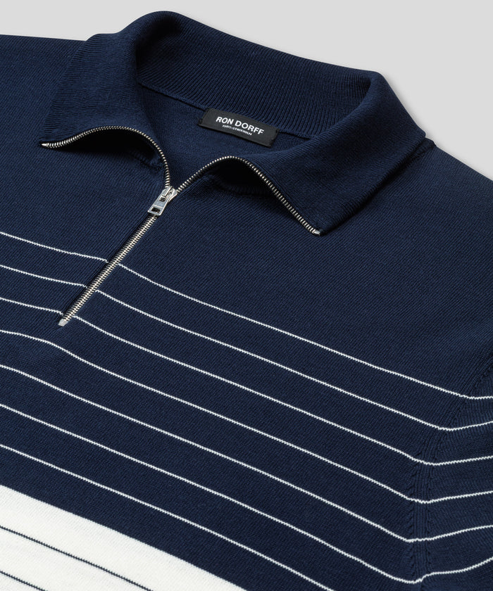 Cotton-Silk RD Polo w. Pin Stripes: Navy/White
