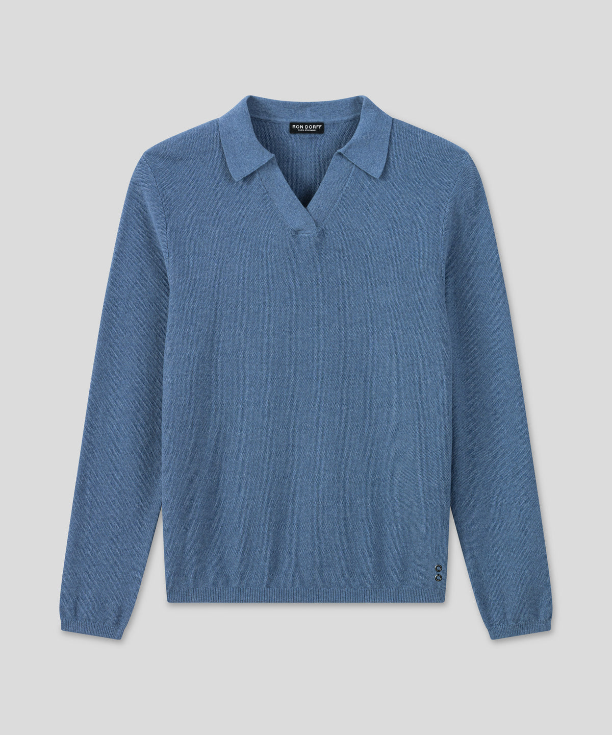 Cotton-Cashmere Piqué RD Polo V Neck Long Sleeved: Blue Melange