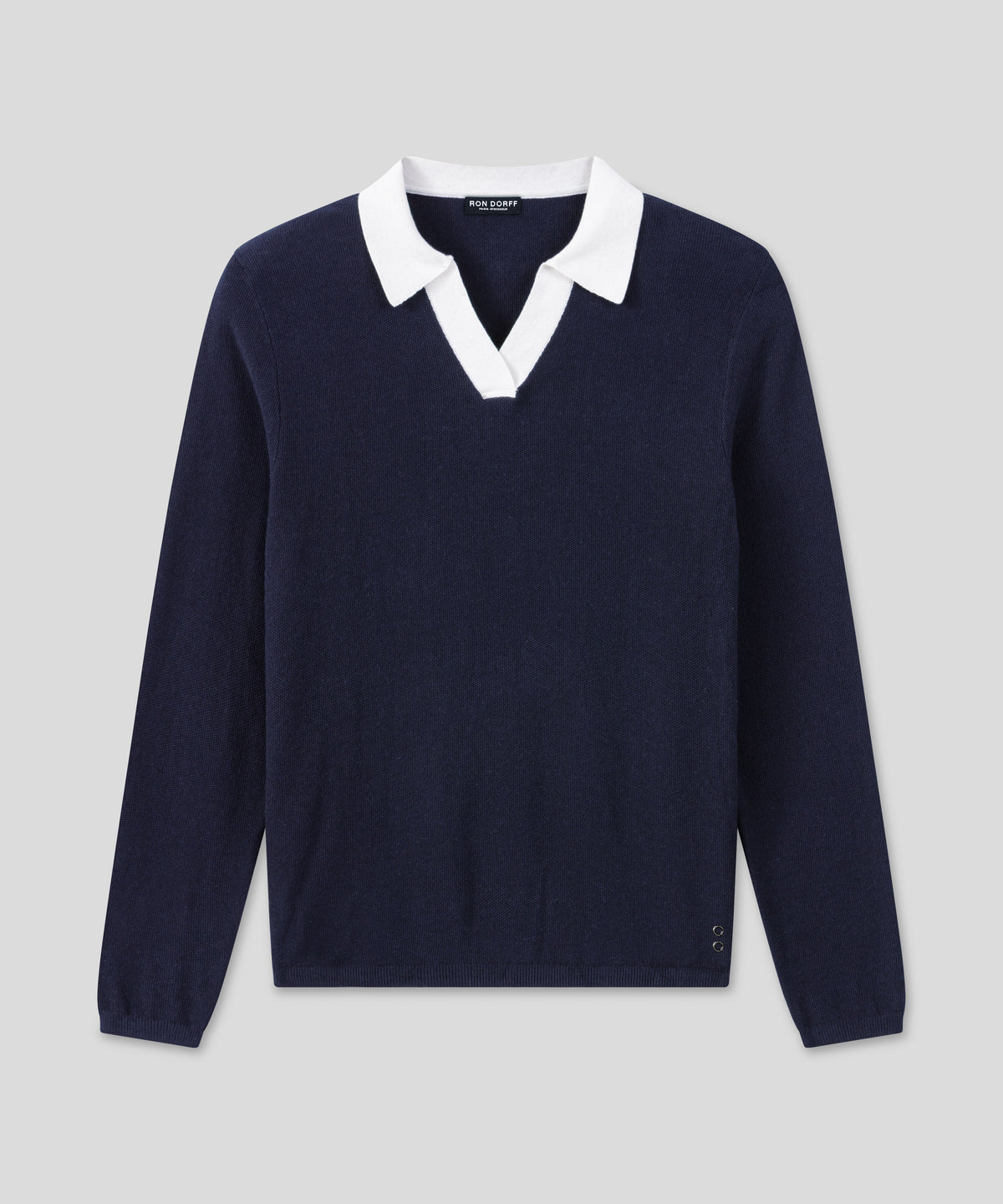 Cotton-Cashmere Piqué RD Polo V Neck Long Sleeved: Navy/White