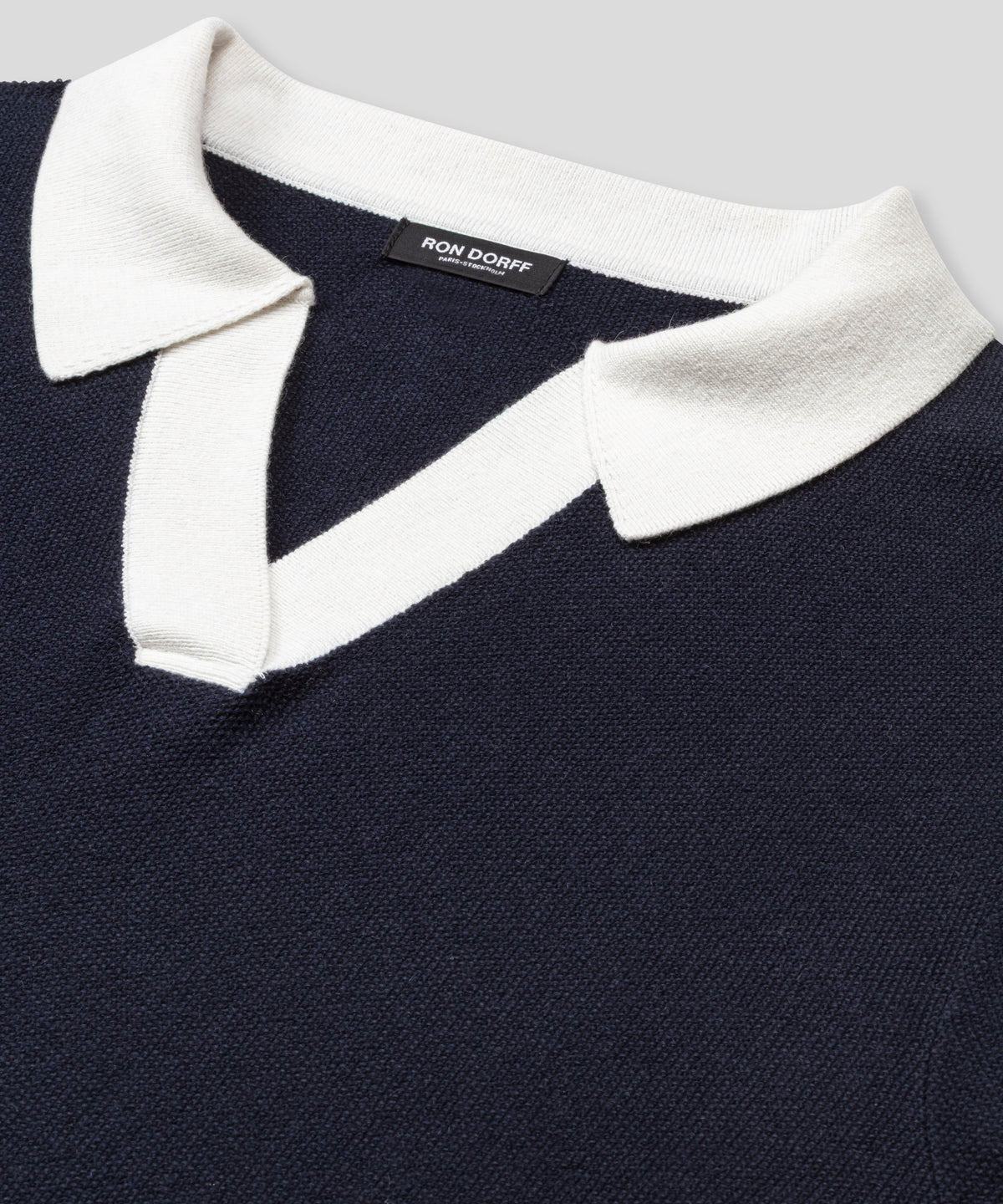 Cotton-Cashmere Piqué RD Polo V Neck Long Sleeved: Navy/White
