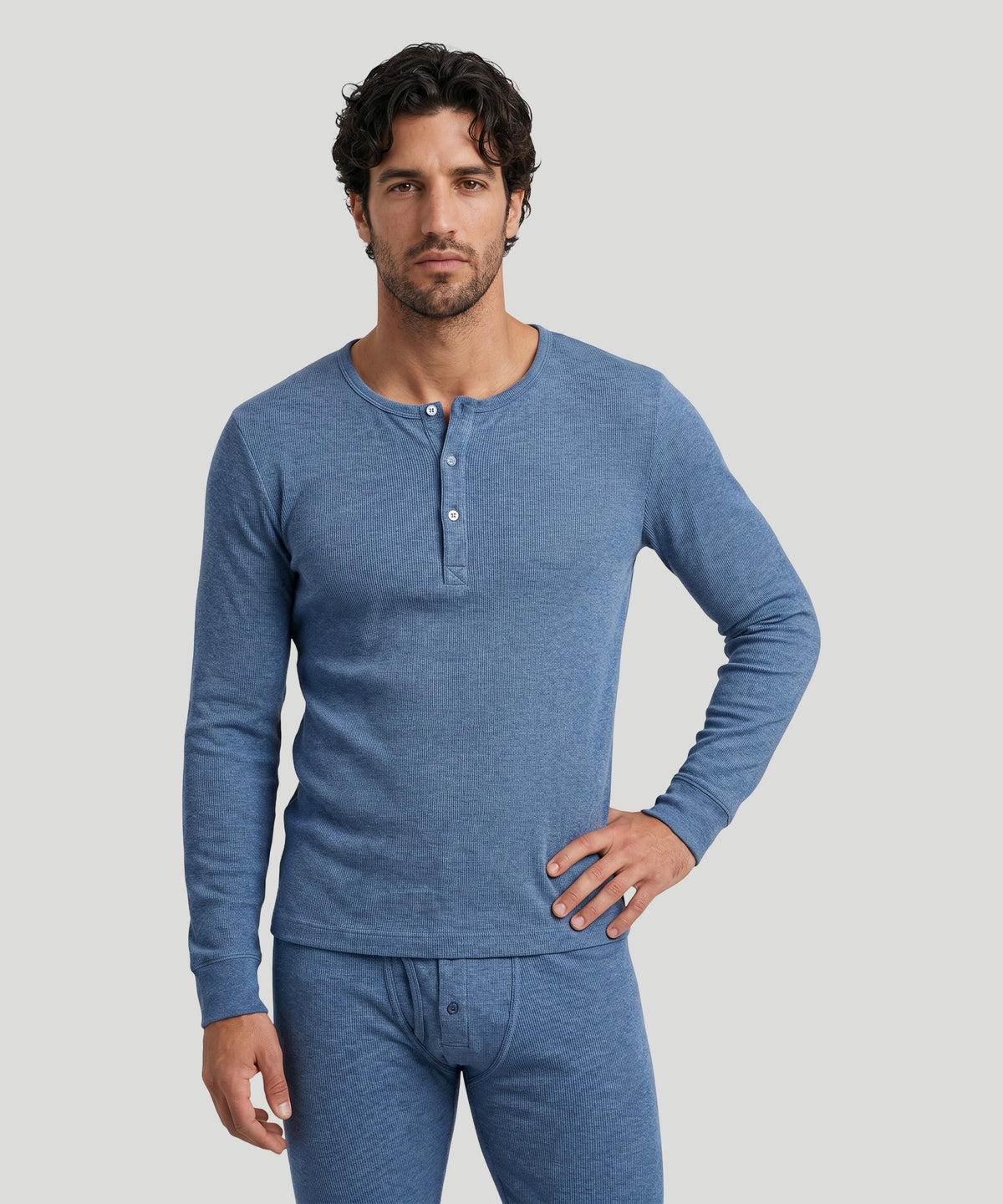 Army Ribbed Henley T-Shirt: Blue Melange