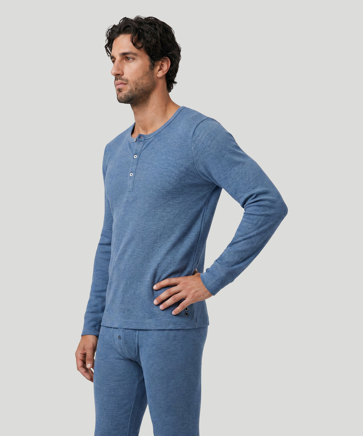 Army Ribbed Henley T-Shirt: Blue Melange