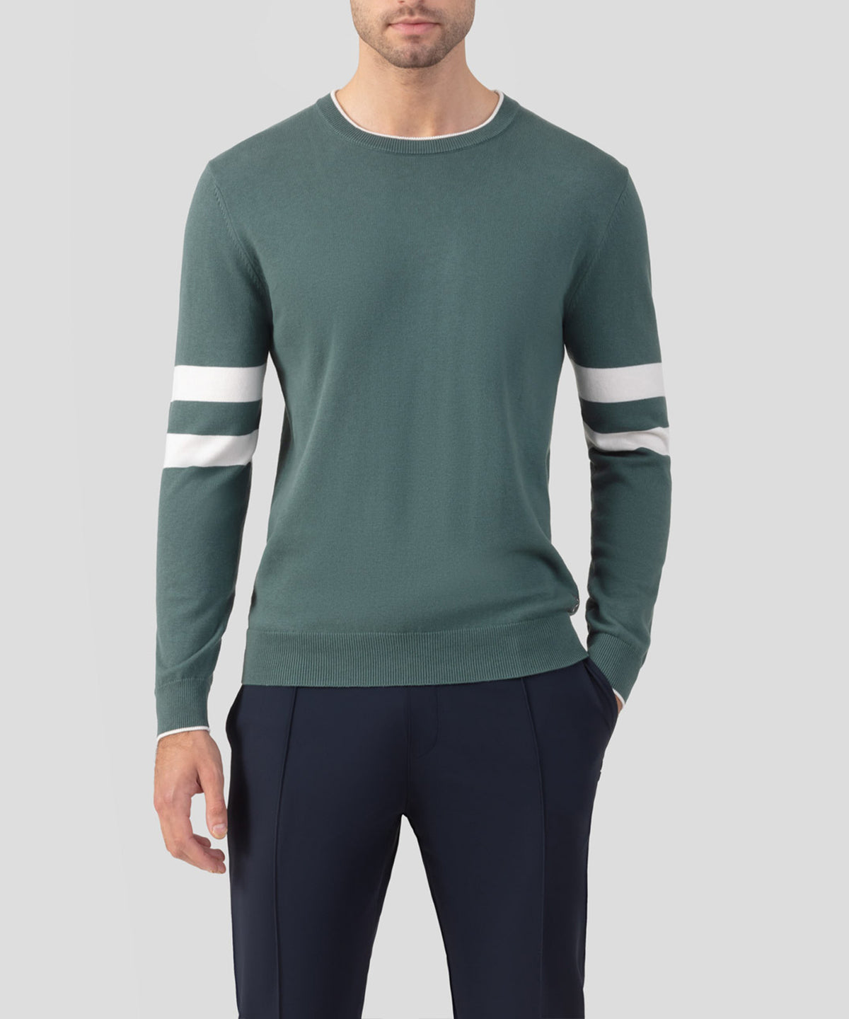 Cotton Cashmere Sweater w. Double Lines: Silver Pine
