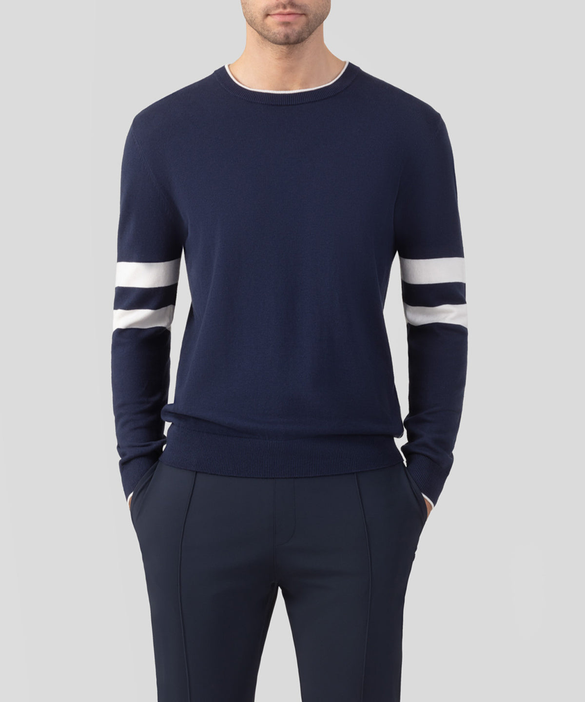 Cotton Cashmere Sweater w. Double Lines: Deep Ocean