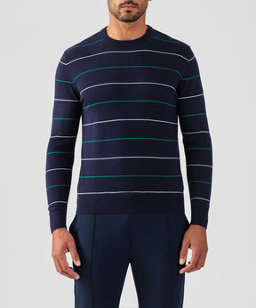 Cotton-Silk Cashmere Sweater w. Tennis Stripes: Navy