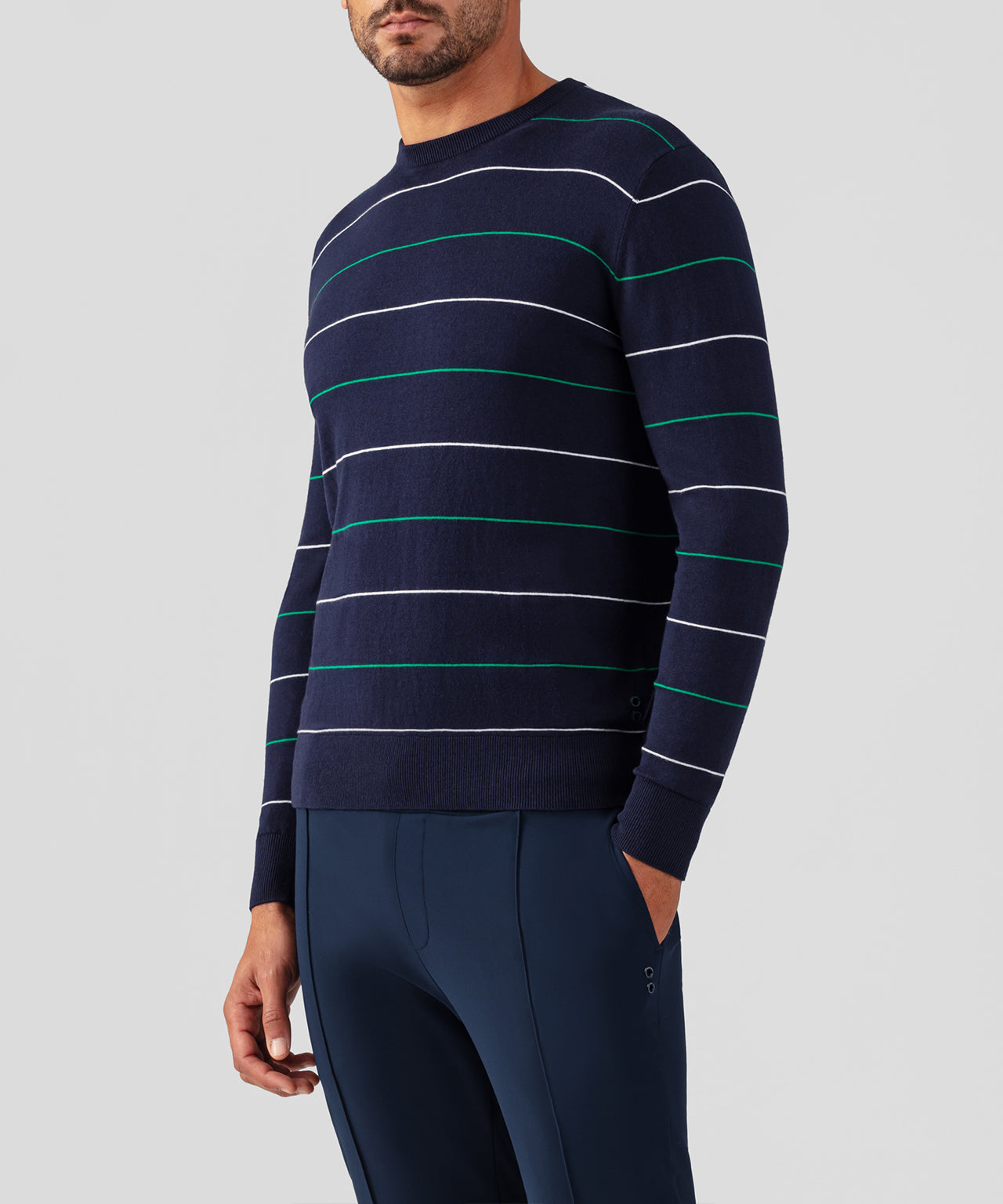 Cotton-Silk Cashmere Sweater w. Tennis Stripes: Navy