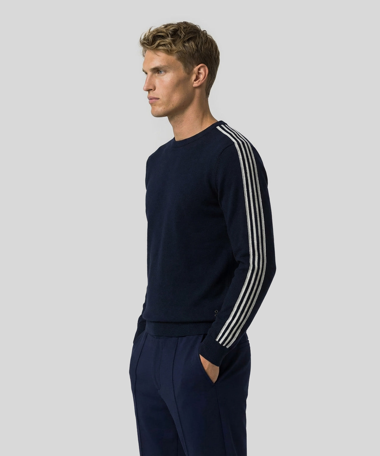 Wool Cotton Sweater w. Lines: Navy