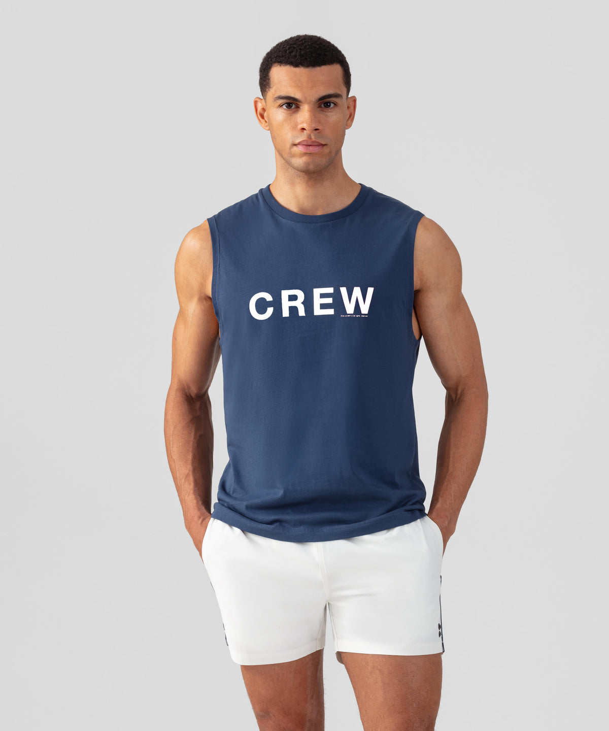 Organic Cotton Sleeveless T-Shirt "CREW" White: Deep Blue