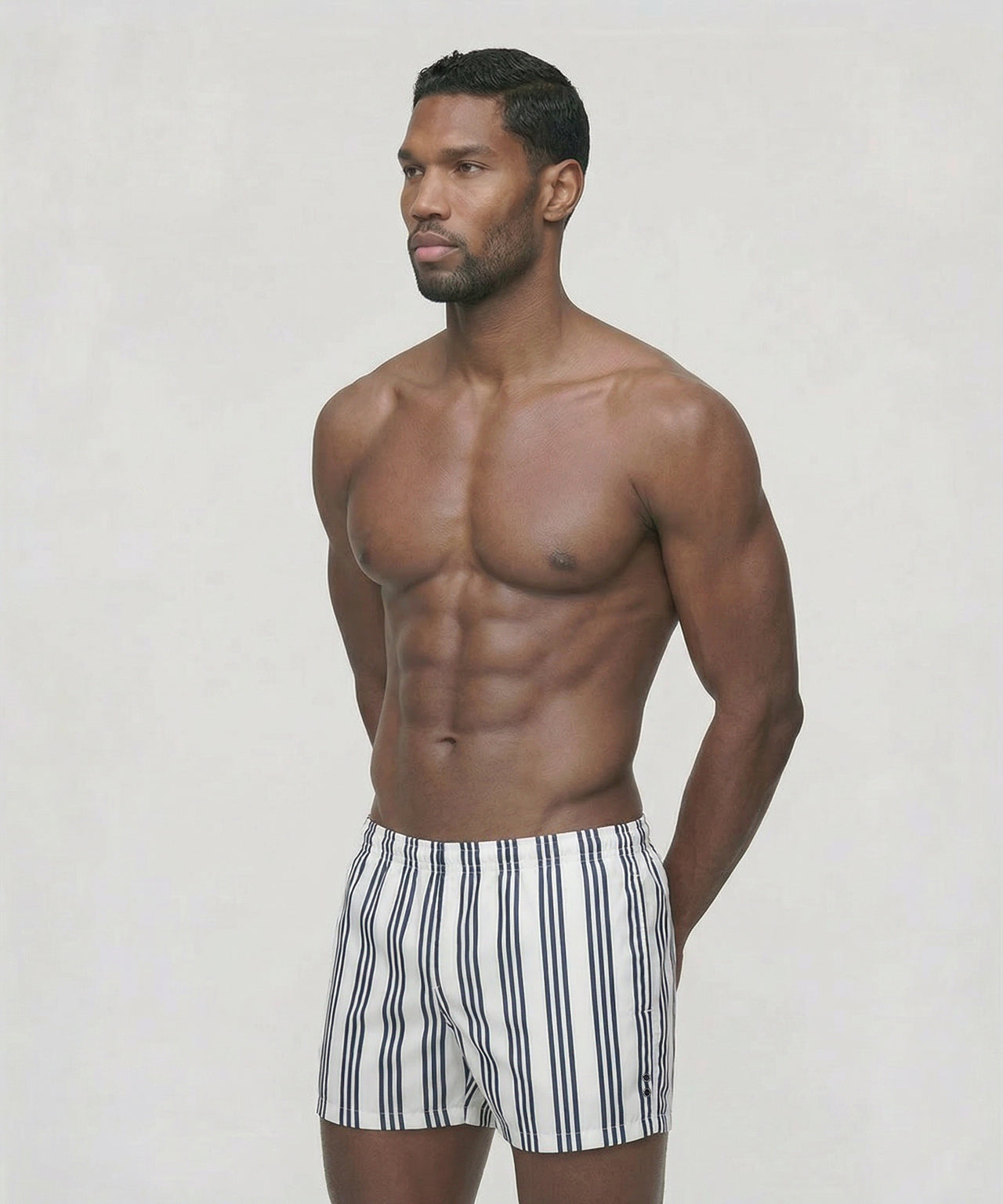 【ameri】UND TWEED BOXER SHORTS Ｓサイズ Swim Shorts w. Vertical Thin Stripes White | Ron Dorff