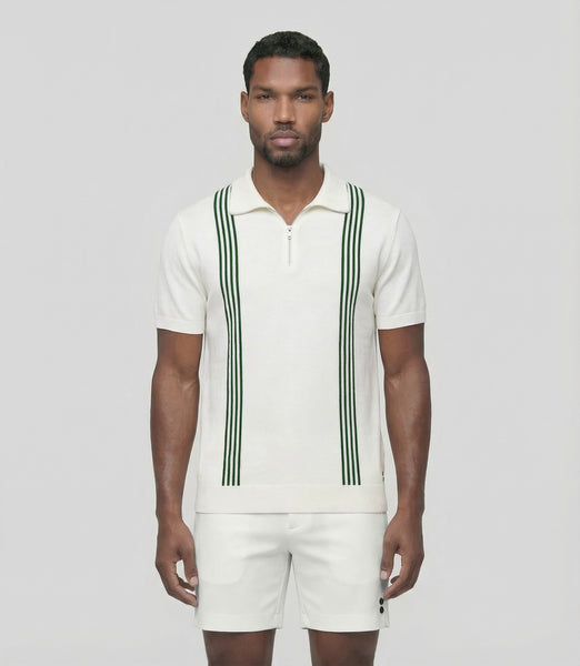 メンズウェア RUFFLOG TC S/S POLO WHITE Cotton-Silk Zip Collar Polo w. Stripes Off White | Ron Dorff