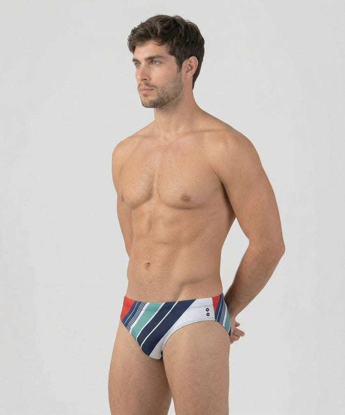 Slim Swim Briefs w. Retro Stripes: Shocking Red