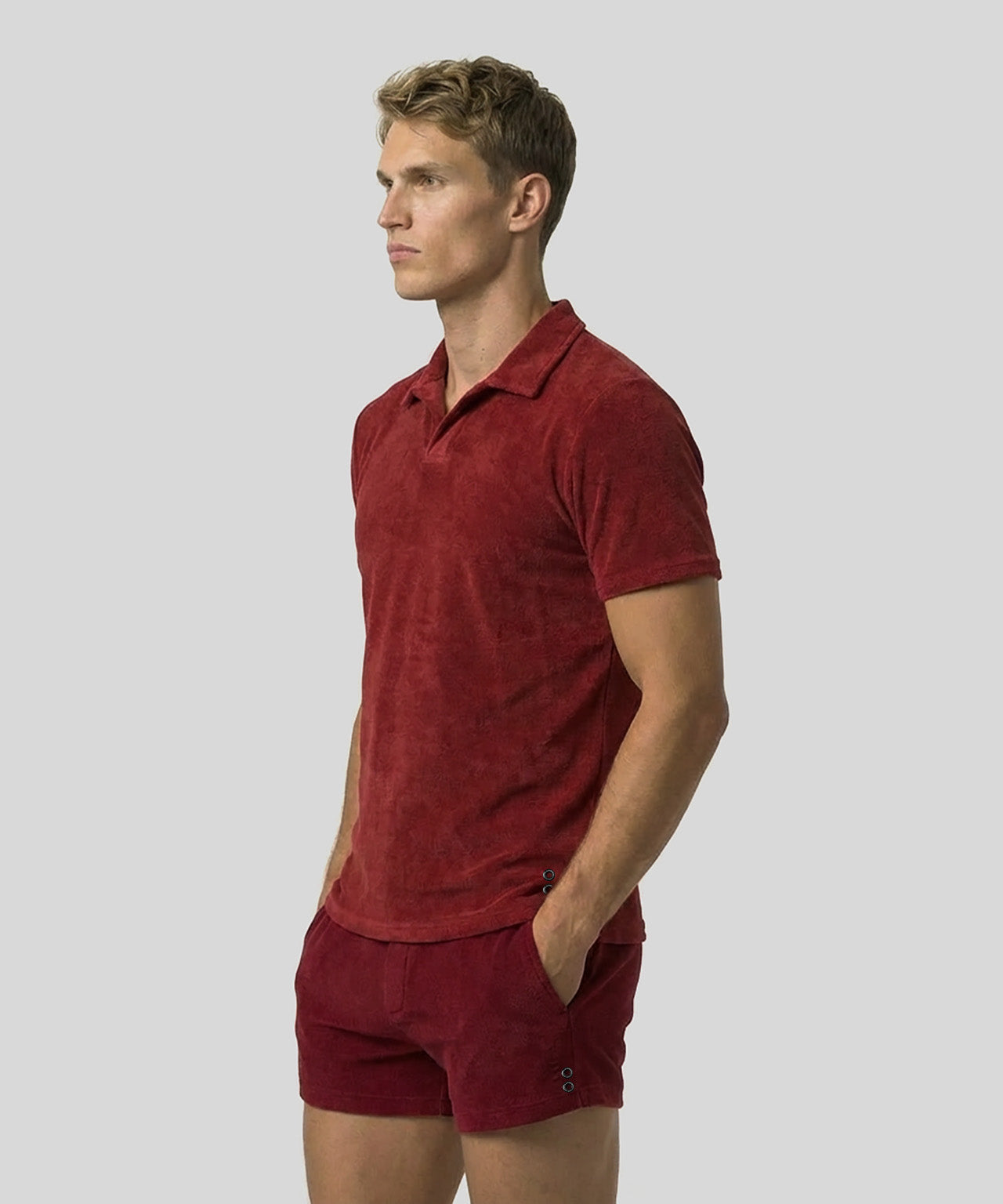 Cotton Terry V Neck Polo Red | Ron Dorff