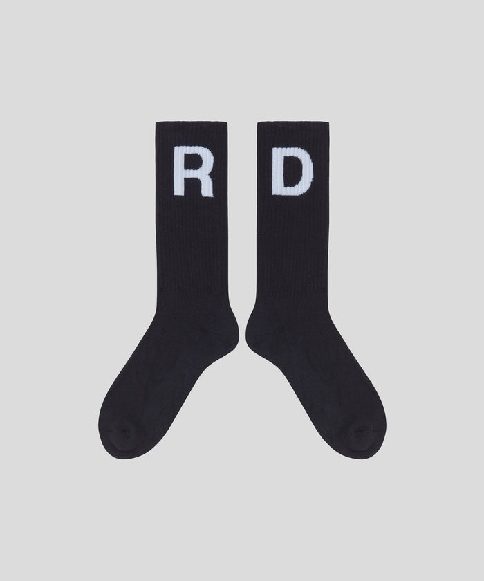 Paire de chaussettes hautes noires avec lettres R et D blanches sur fond gris