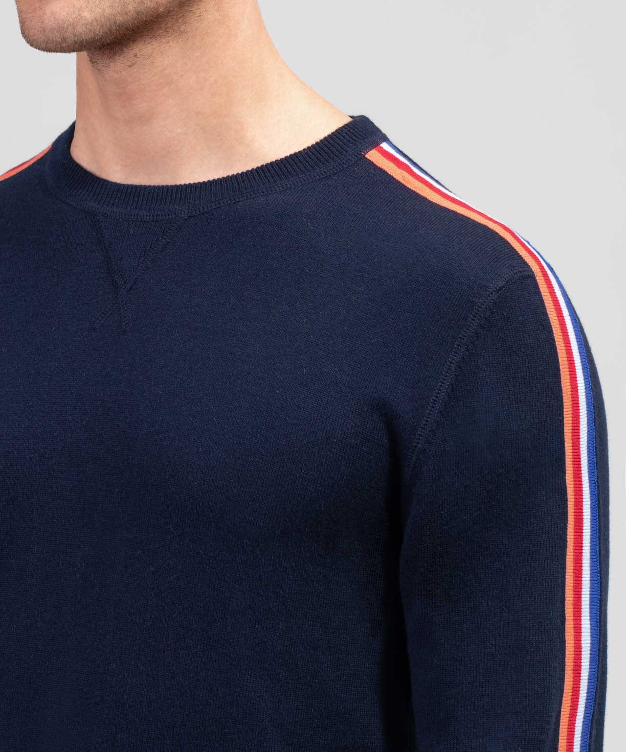 Cotton Cashmere Sweatshirt w. Side Stripes: Navy