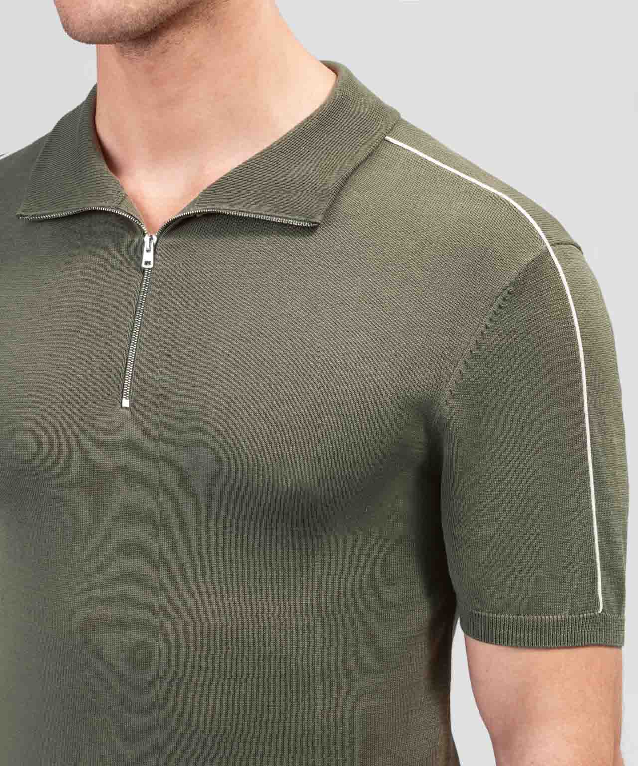 Cotton Silk RD Polo w. Piping: Olive Green