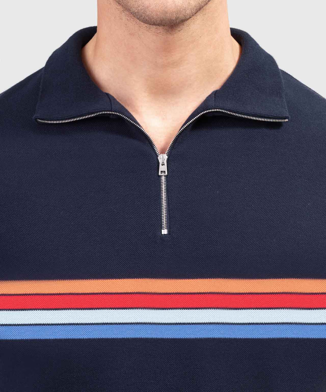 Cotton Piqué RD Polo w. Stripes: Navy